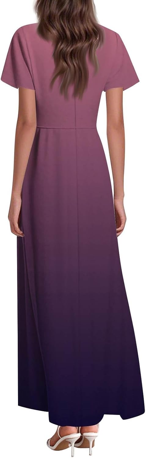 Womens Fashion V Neck Ruffle Short Sleeve Maxi Dress 2025 Summer Elegant Solid Color Flowy A Line Dresses