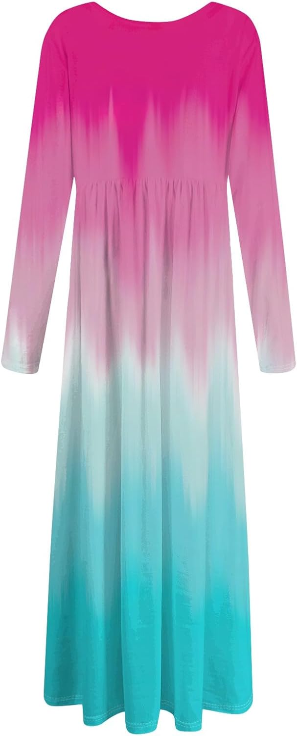 Long Sleeve Maxi Dress for Women Elegant Crew Neck Flowy Swing Dresses Solid Color Wedding Guest Dresses