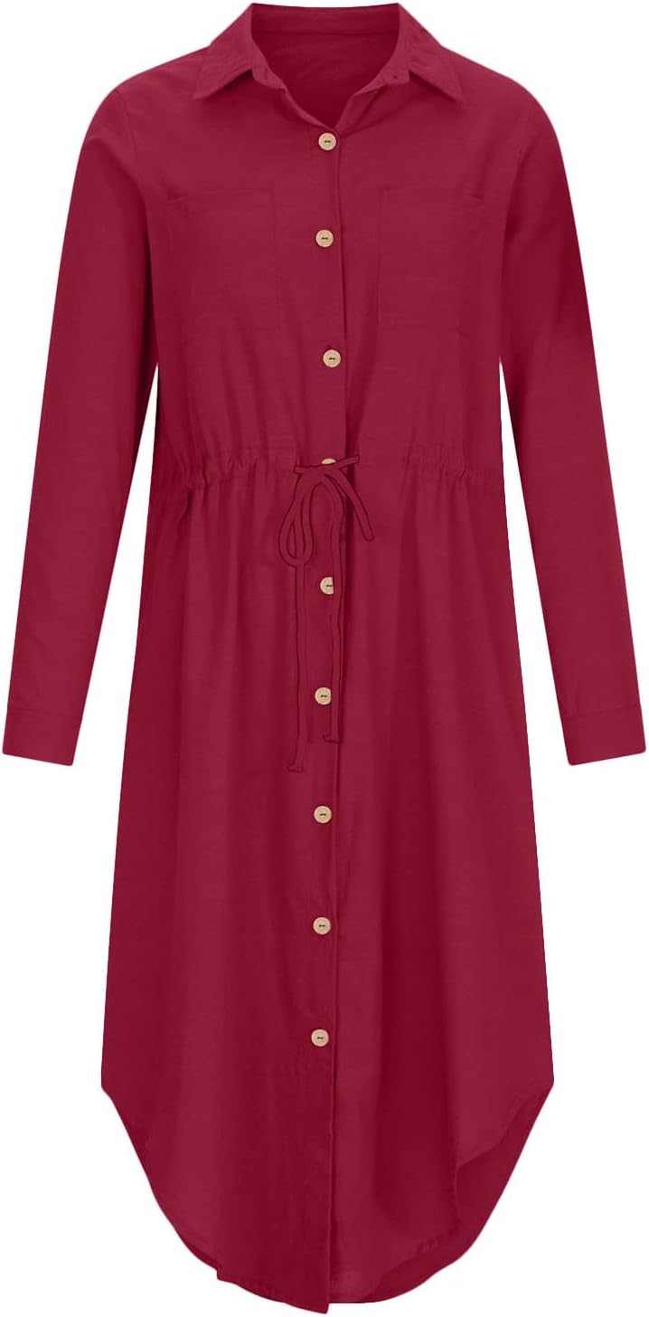 Women's Maxi Shirt Dresses Solid Cotton Linen Button Lapel Long Sleeves Summer Irregular Hem Daily Casual Sundress