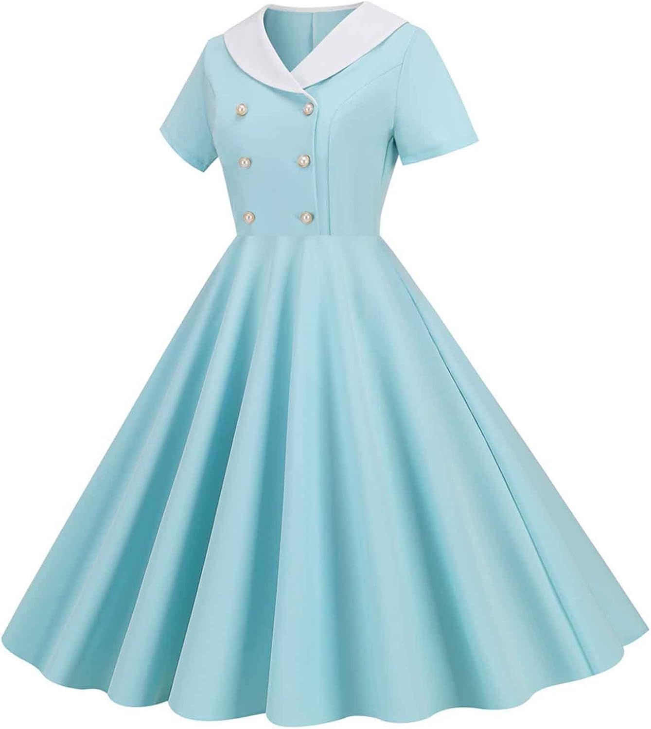 Women Double Breasted Notch Lapel 50s Vintage Short Sleeve Cocktail Swing Dress Polka Dot 1950s Rockabilly Prom Dress