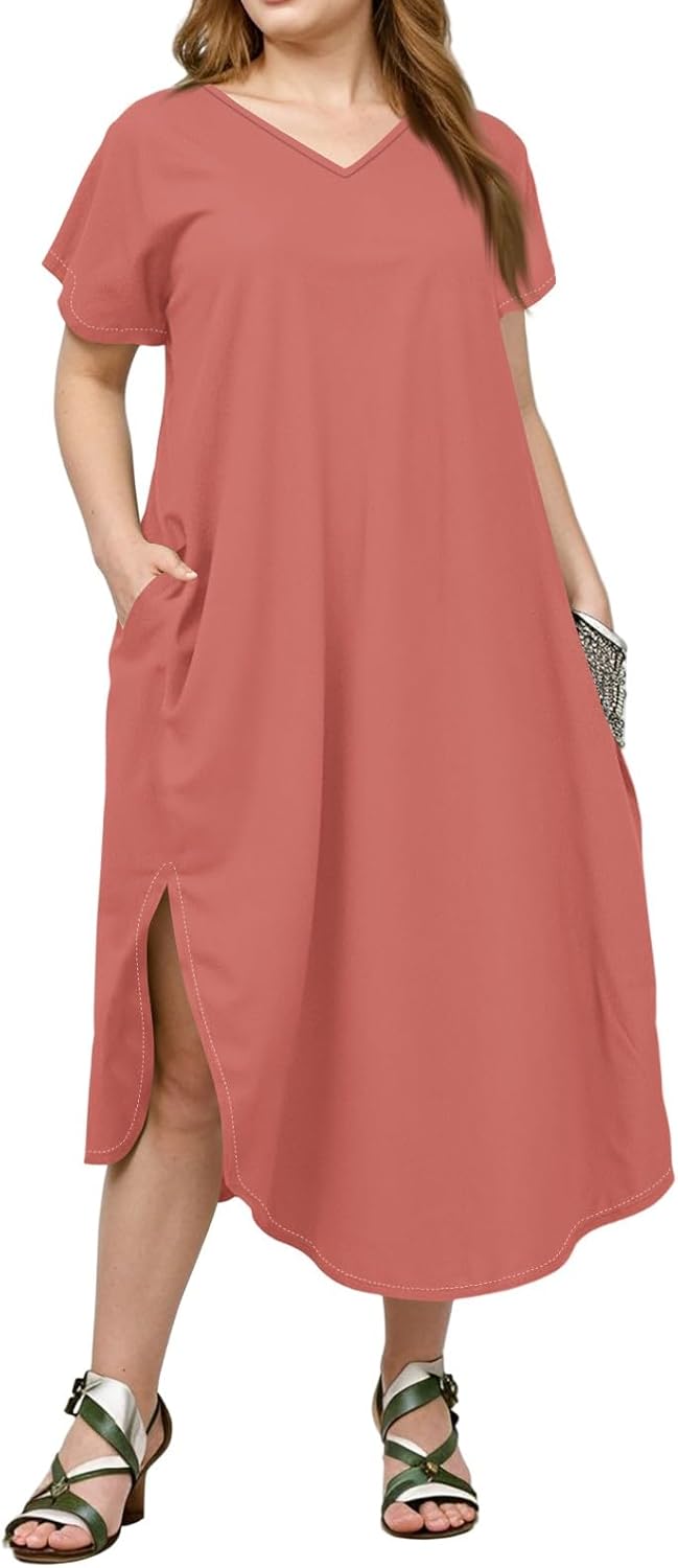 Maxi Dresses for Women 2025 Plus Size Tie Dye V Neck Dress Short Sleeve Side Split Beach Summer Sundress with Pocket