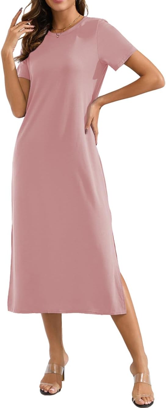 Naggoo Women's Short Sleeve Split Maxi Dress Casual Plain Tie Dye Print Tshirt Long Dresses with Pockets