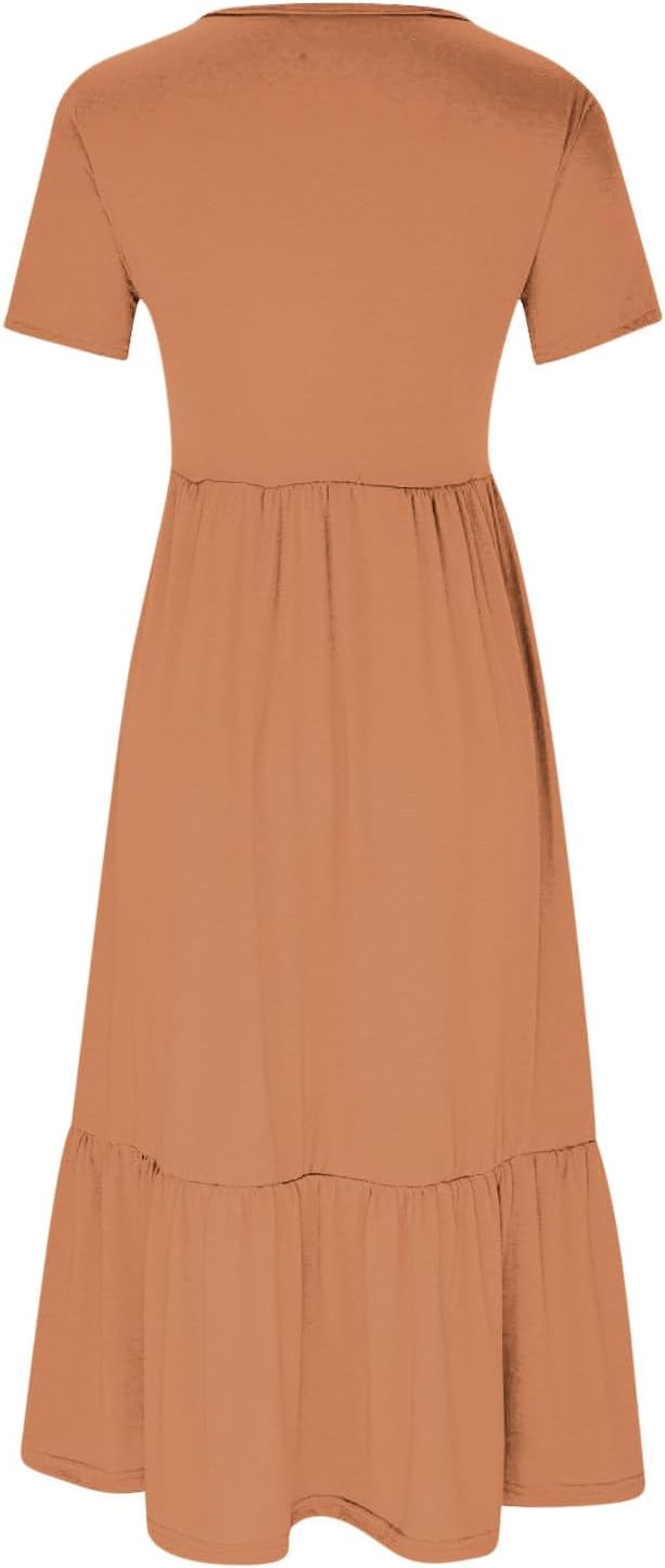 XUNRYAN Summer Dresses for Women 2024 Casual Calf Length Maxi Dress Pleated Flowy Tiered Swing Beach Sundress with Pockets