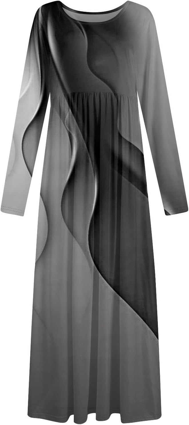 Long Sleeve Maxi Dress for Women Elegant Crew Neck Flowy Swing Dresses Solid Color Wedding Guest Dresses