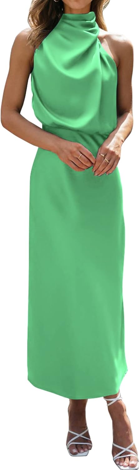 BTFBM Womens Sleeveless Cocktail Dresses Mock Neck Keyhole Elastic High Waist Evening Party Maxi Wedding Guest Dress