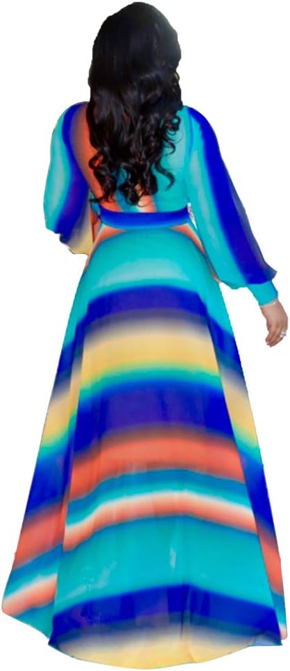 Nuofengkudu Womens Chiffon Deep V-Neck Stripe Printed Maxi Dress Unique Loose Summer Boho Dresses High Waiste(S-5XL)