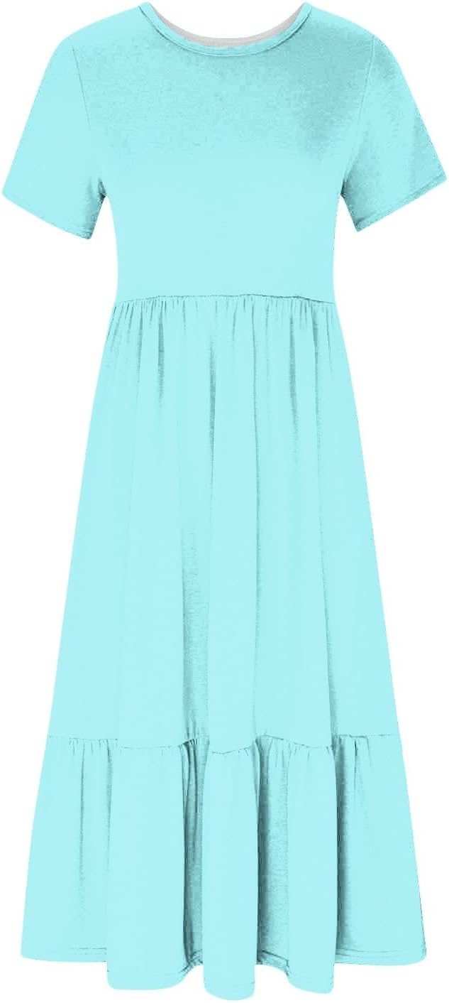 XUNRYAN Summer Dresses for Women 2024 Casual Calf Length Maxi Dress Pleated Flowy Tiered Swing Beach Sundress with Pockets