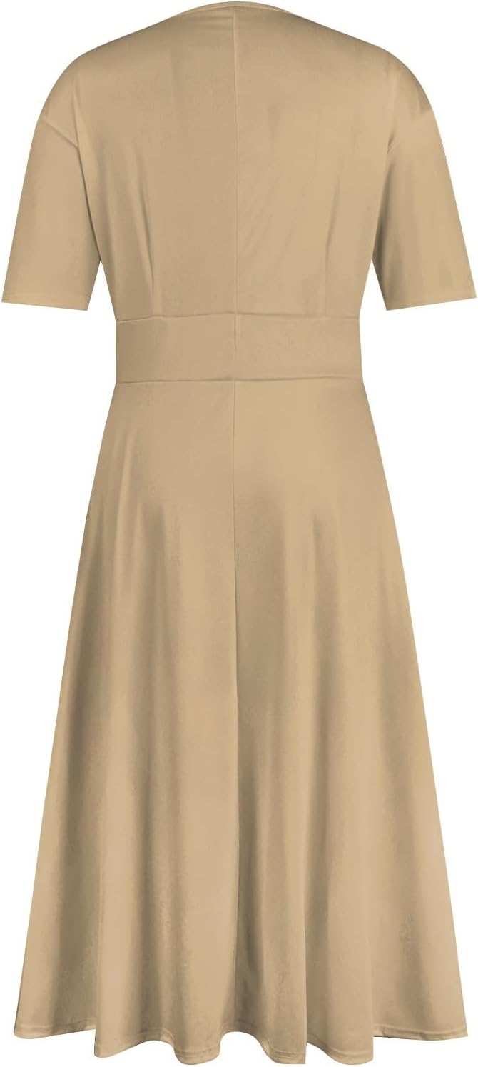Women's Summer Elegant Cocktail Dress Solid Color Swing V-Neck Party Gown Dresses, S-2XL
