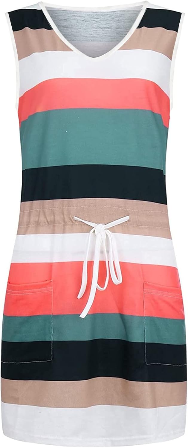Women Summer Casual Striped Dress Drawstring Waist Tie Knot Mini Dresses Short Sleeve V Neck Tank Dress with Pocket