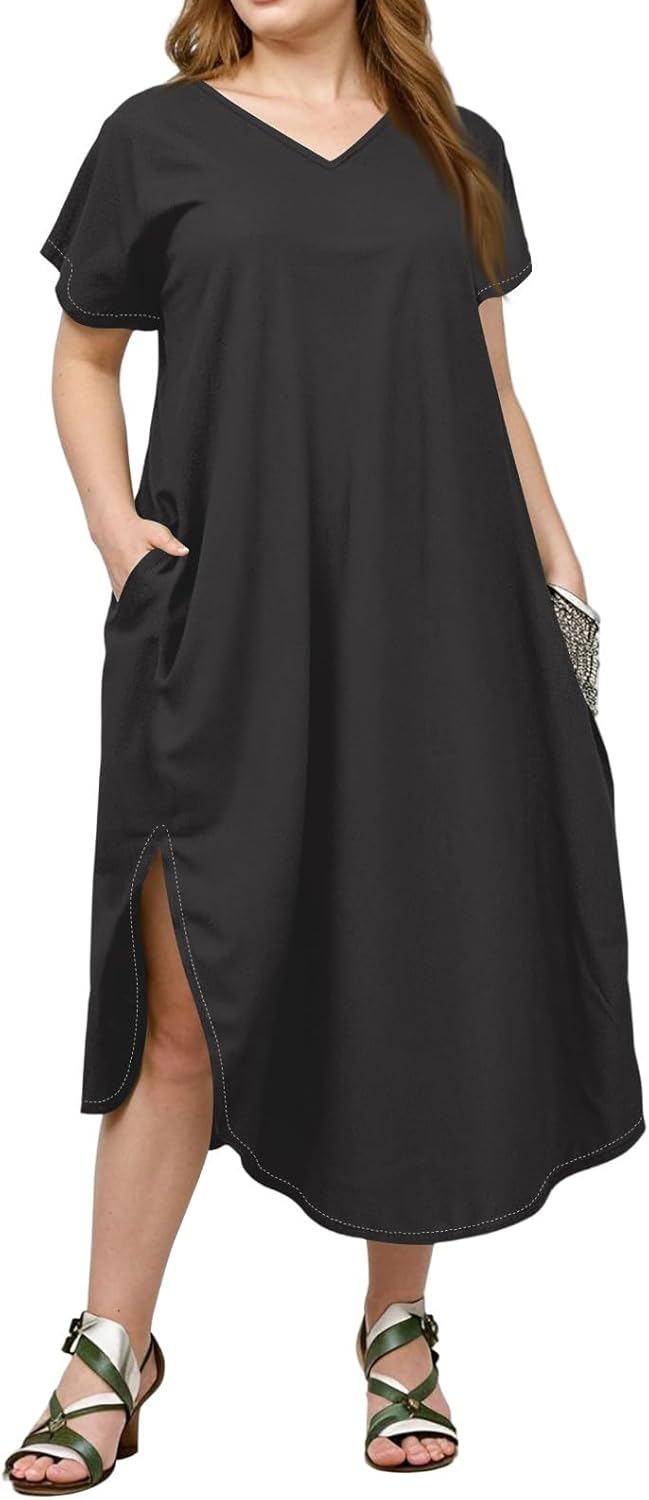 Maxi Dresses for Women 2025 Plus Size Tie Dye V Neck Dress Short Sleeve Side Split Beach Summer Sundress with Pocket