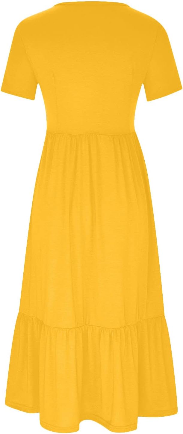 XUNRYAN Summer Dresses for Women 2024 Casual Calf Length Maxi Dress Pleated Flowy Tiered Swing Beach Sundress with Pockets
