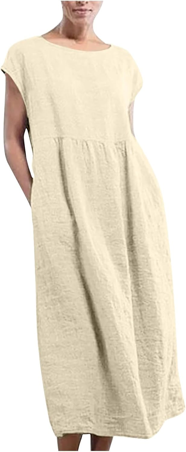 Linen Dresses for Women 2025 Summer Fashion Solid Color Sleeveless Dresses Beach Flowy Maxi Dresses Casual Sundress