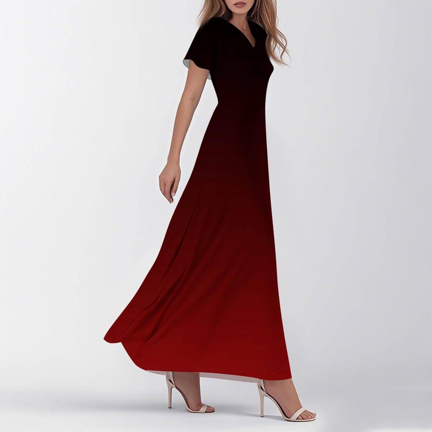 Womens Fashion V Neck Ruffle Short Sleeve Maxi Dress 2025 Summer Elegant Solid Color Flowy A Line Dresses