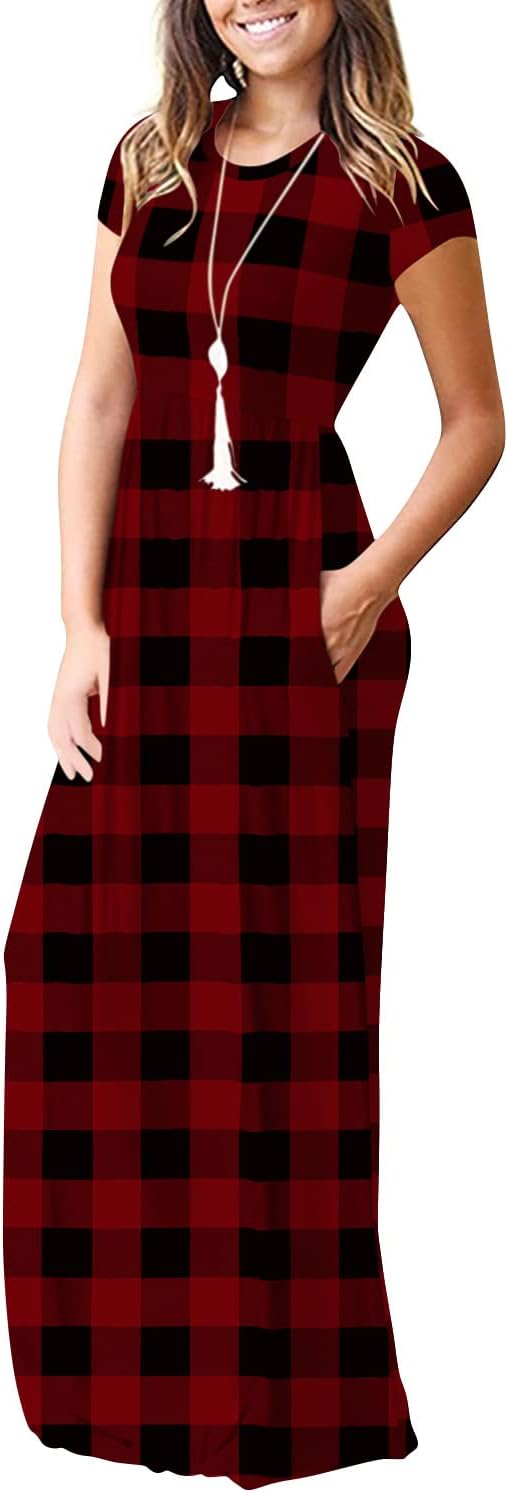 DEARCASE Maxi Dress for Women Short Sleeve Casual Summer Loose Plain Comfy Long Dresses with Pockets