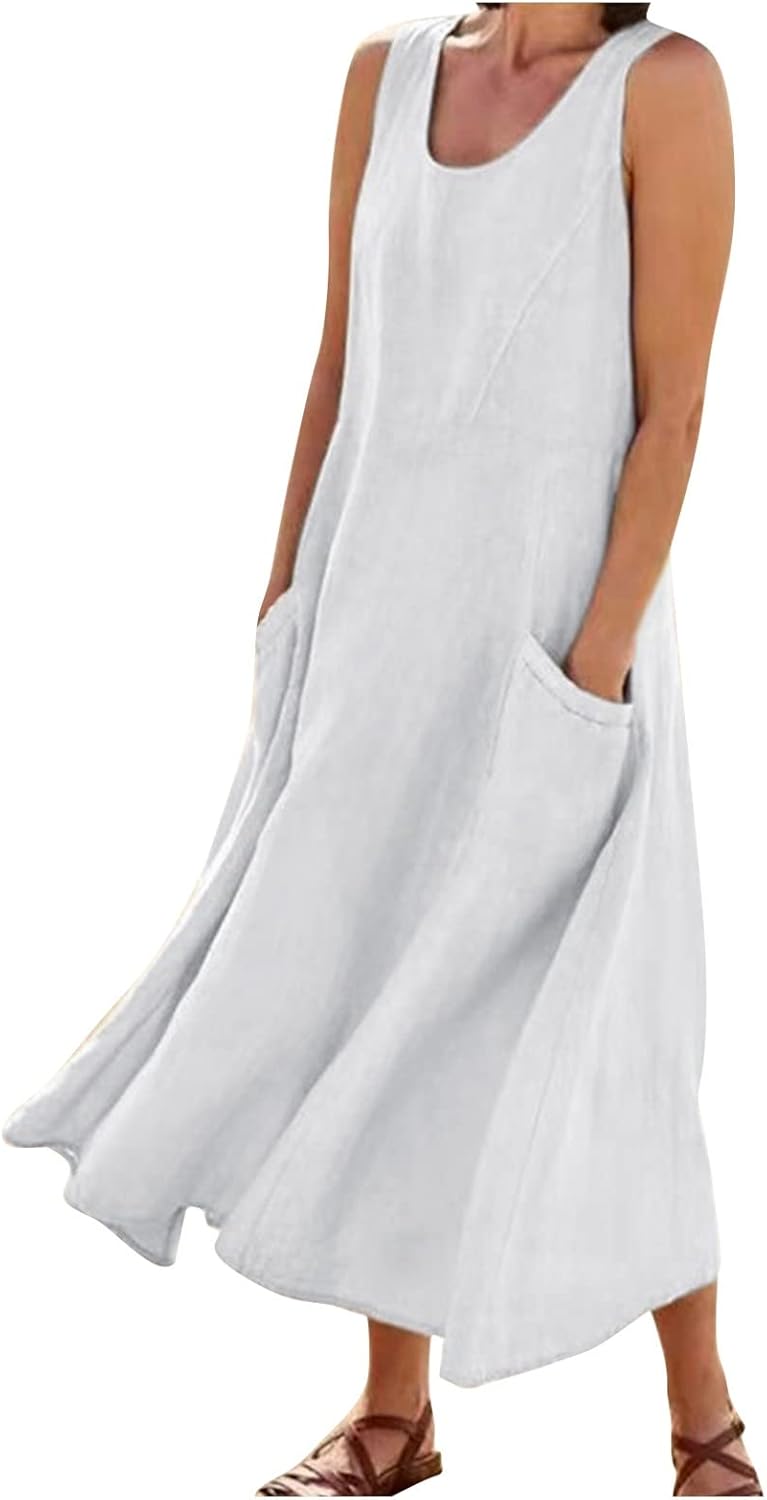 Women's Casual Sleeveless Dresses, Cotton Linen Pocket Dresses Summer Dresses for Women 2024 Sundresses Beach Dress