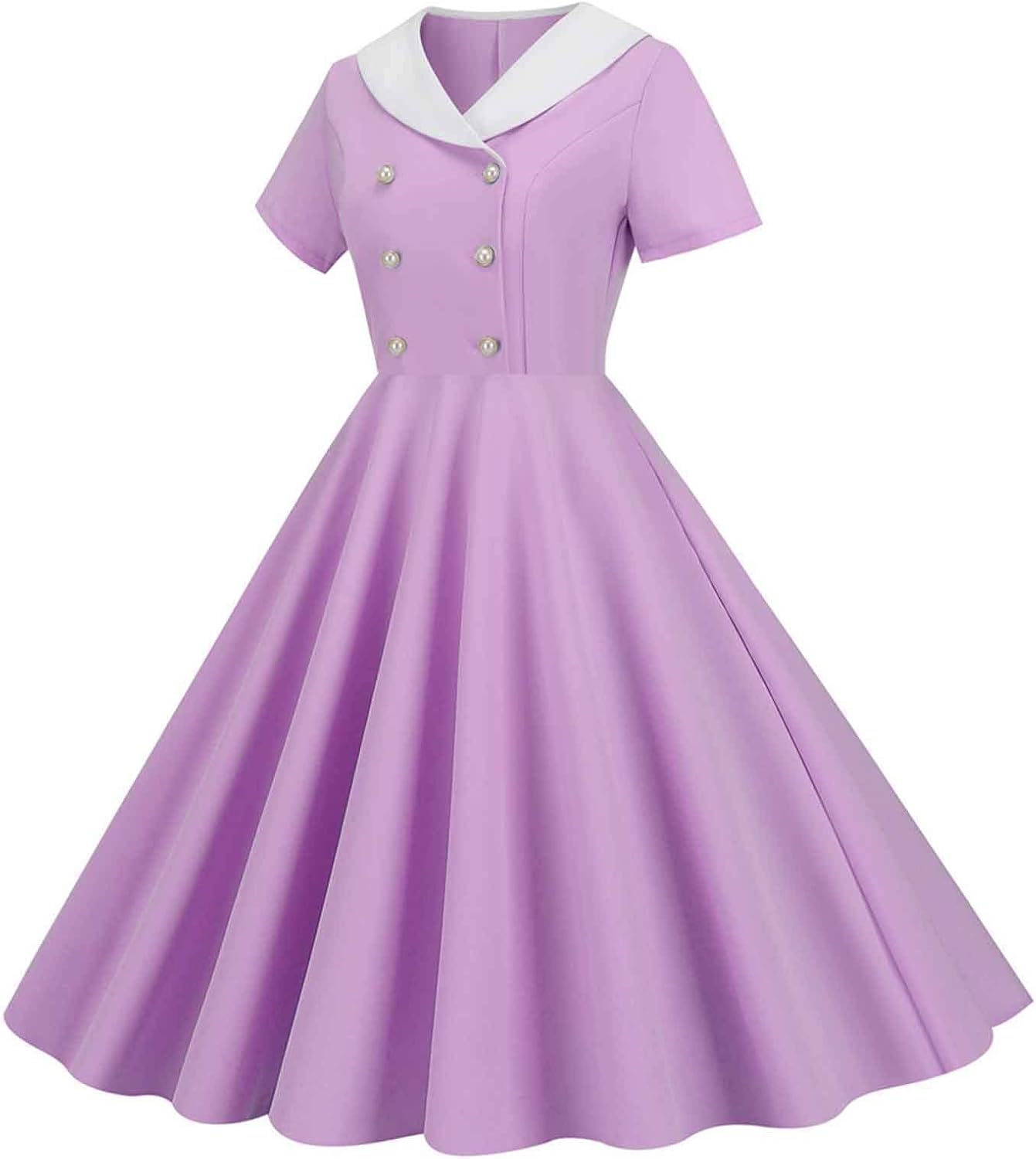 Women Double Breasted Notch Lapel 50s Vintage Short Sleeve Cocktail Swing Dress Polka Dot 1950s Rockabilly Prom Dress
