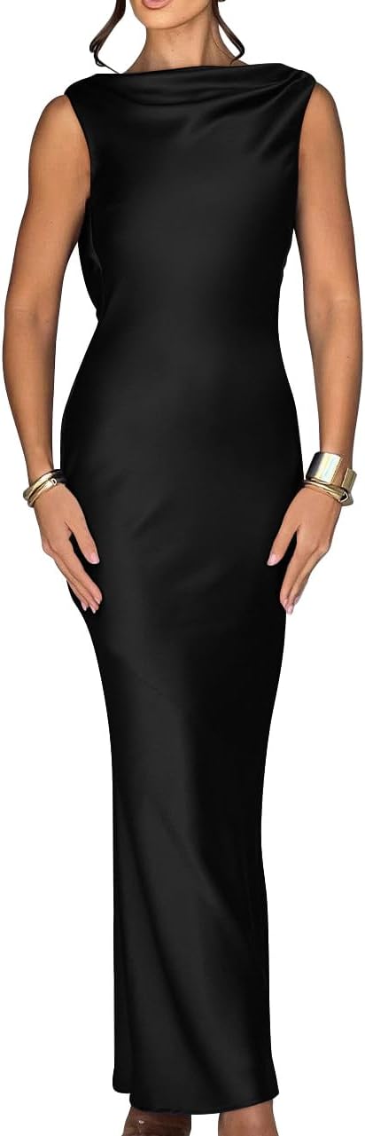Memoriesea Women's Satin Elegant Sleeveless High Neck Tie Cocktail Party Maxi Dress