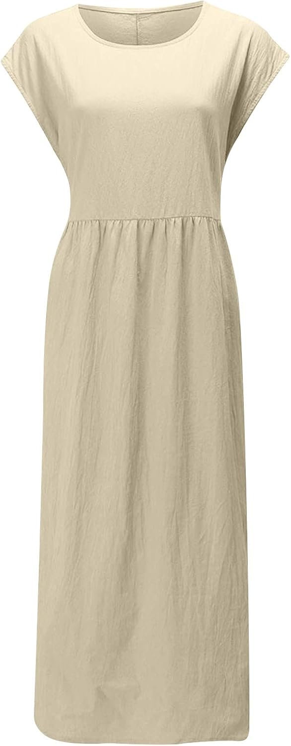 Linen Dresses for Women 2025 Summer Fashion Solid Color Sleeveless Dresses Beach Flowy Maxi Dresses Casual Sundress
