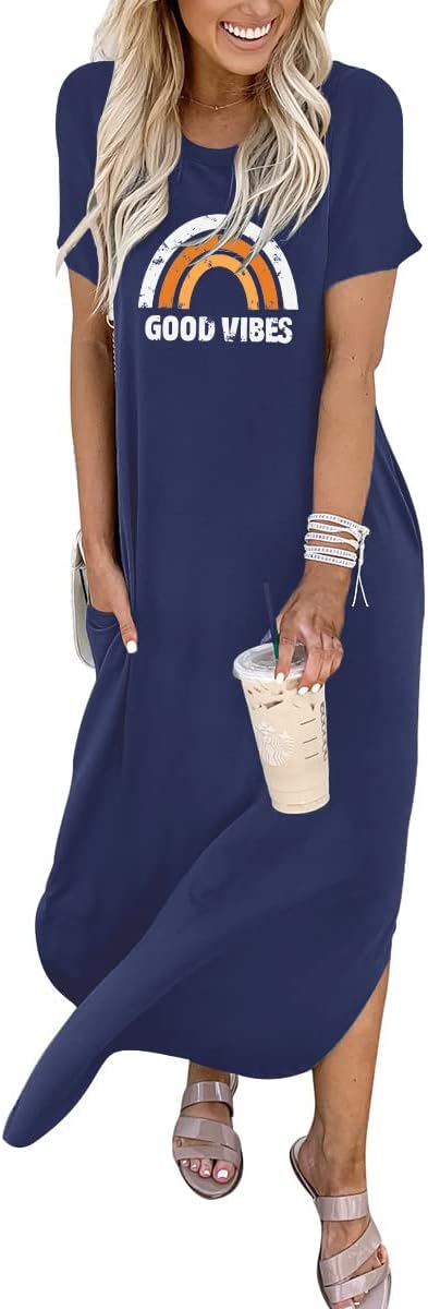 ANRABESS Women's Summer Casual Loose Short Sleeve Long T Shirt Dress Split Maxi Beach Sundress Travel Vacation Outfits