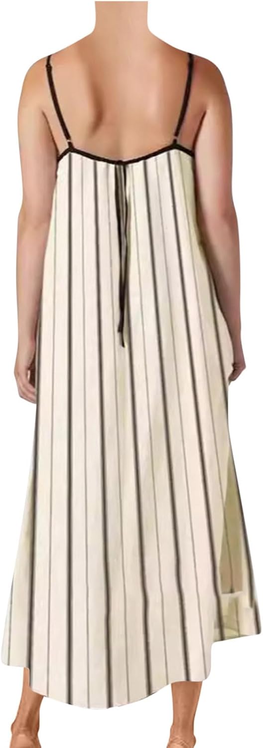 Women's Colorblock Stripe Sleeveless Dress Spaghetti Strap Loose Fit Sling Dresses Summer Mid Calf Length Dress