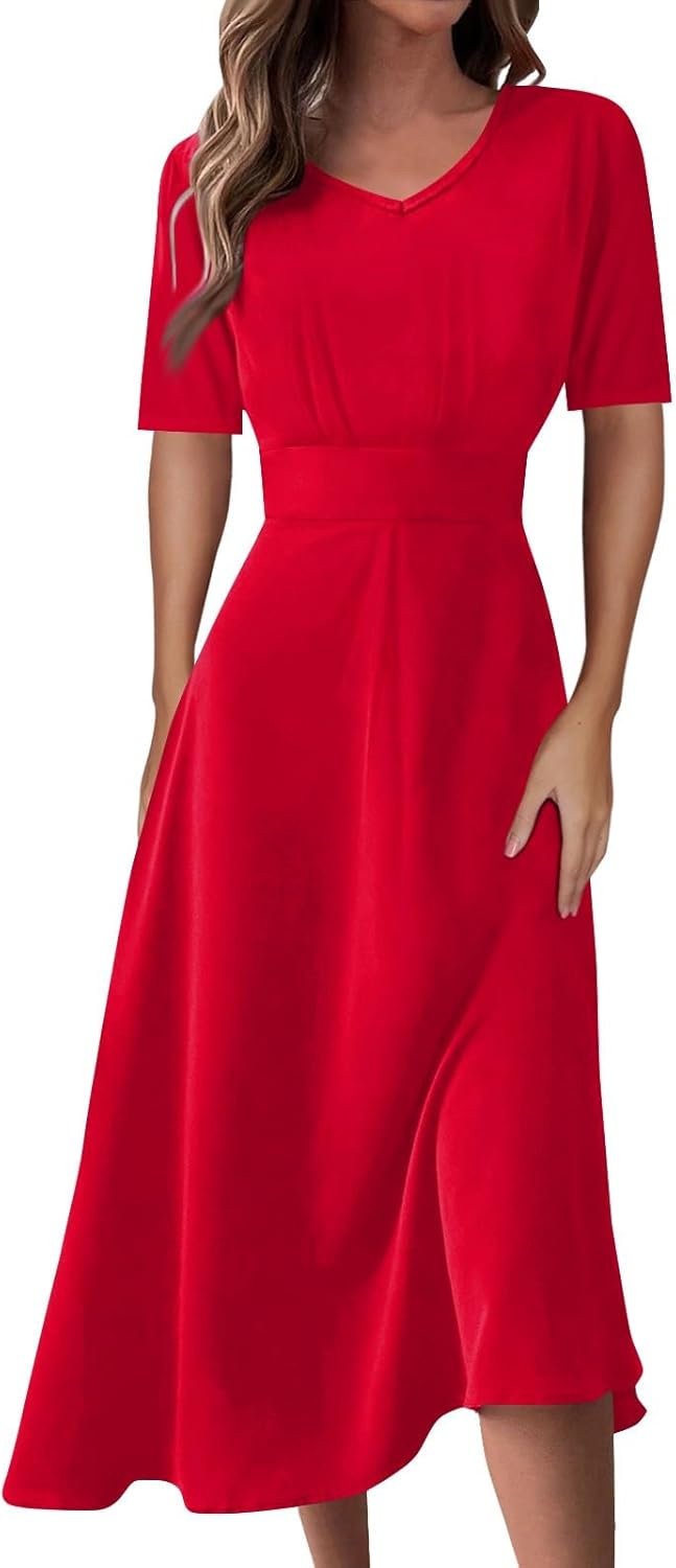 Women's Summer Elegant Cocktail Dress Solid Color Swing V-Neck Party Gown Dresses, S-2XL