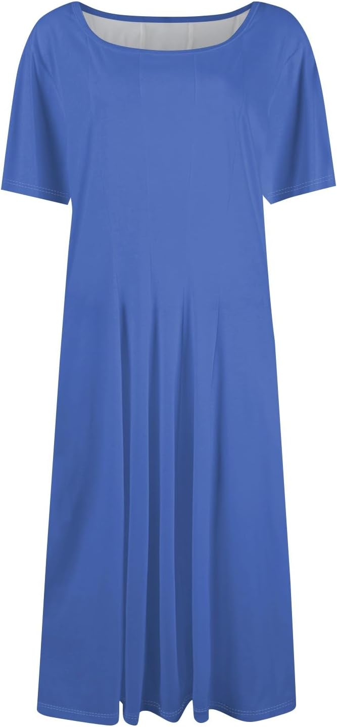 Summer Dresses for Women 2025 Crew Neck Short Sleeve Boho Beach Vacation Floral/Solid Midi Sundresses with Pockets