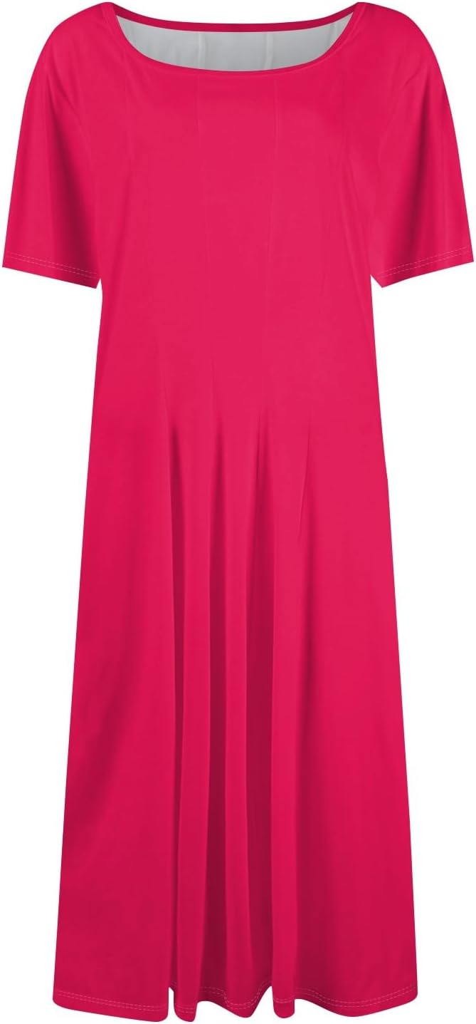 Summer Dresses for Women 2025 Crew Neck Short Sleeve Boho Beach Vacation Floral/Solid Midi Sundresses with Pockets