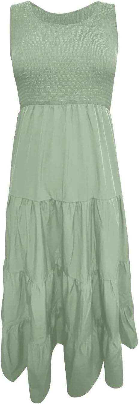 Women Summer Sleeveless Dressees Boho Maxi Dress Casual Smocked Square Neck Sundress a Line Beach Wedding Dresses
