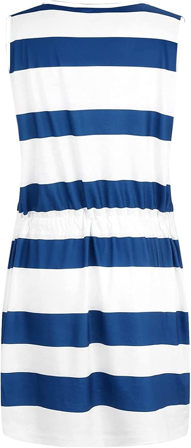 Women Summer Casual Striped Dress Drawstring Waist Tie Knot Mini Dresses Short Sleeve V Neck Tank Dress with Pocket