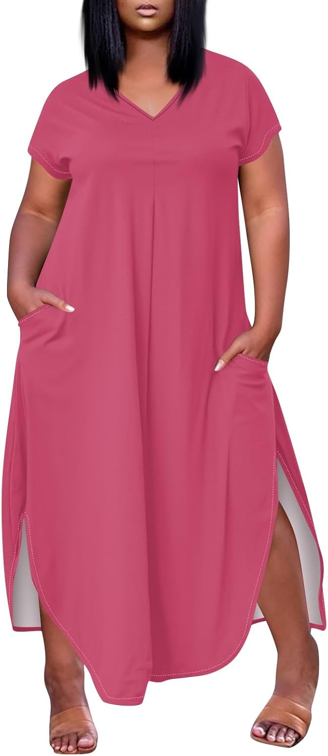 Maxi Dresses for Women 2025 Plus Size Tie Dye V Neck Dress Short Sleeve Side Split Beach Summer Sundress with Pocket