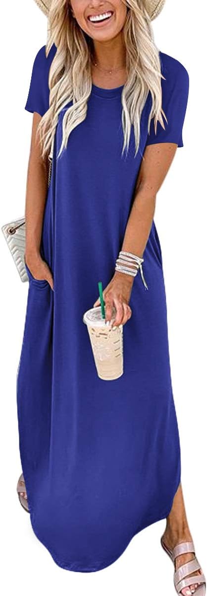 ANRABESS Women's Summer Casual Loose Short Sleeve Long T Shirt Dress Split Maxi Beach Sundress Travel Vacation Outfits