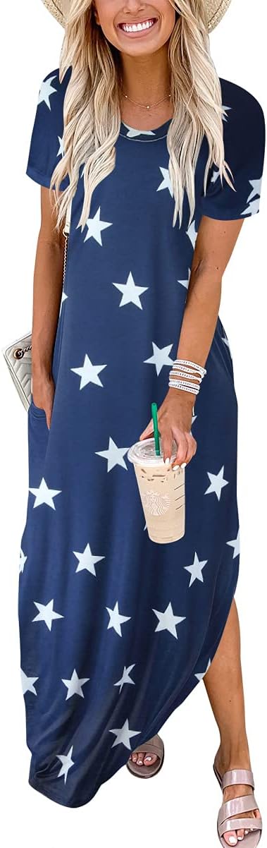 ANRABESS Women's Summer Casual Loose Short Sleeve Long T Shirt Dress Split Maxi Beach Sundress Travel Vacation Outfits