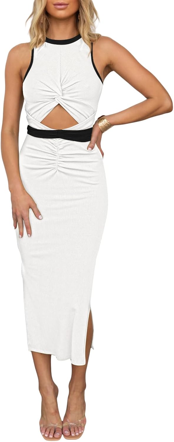 HUUSA Women's Sexy Sleeveless Cut Out Slim Bodycon Dress Crewneck Crisscross Twist Ruched Slit Ribbed Knit Tank Midi Dress