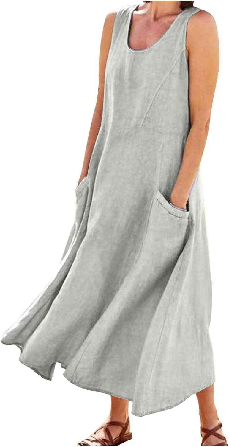 Women's Casual Sleeveless Dresses, Cotton Linen Pocket Dresses Summer Dresses for Women 2024 Sundresses Beach Dress