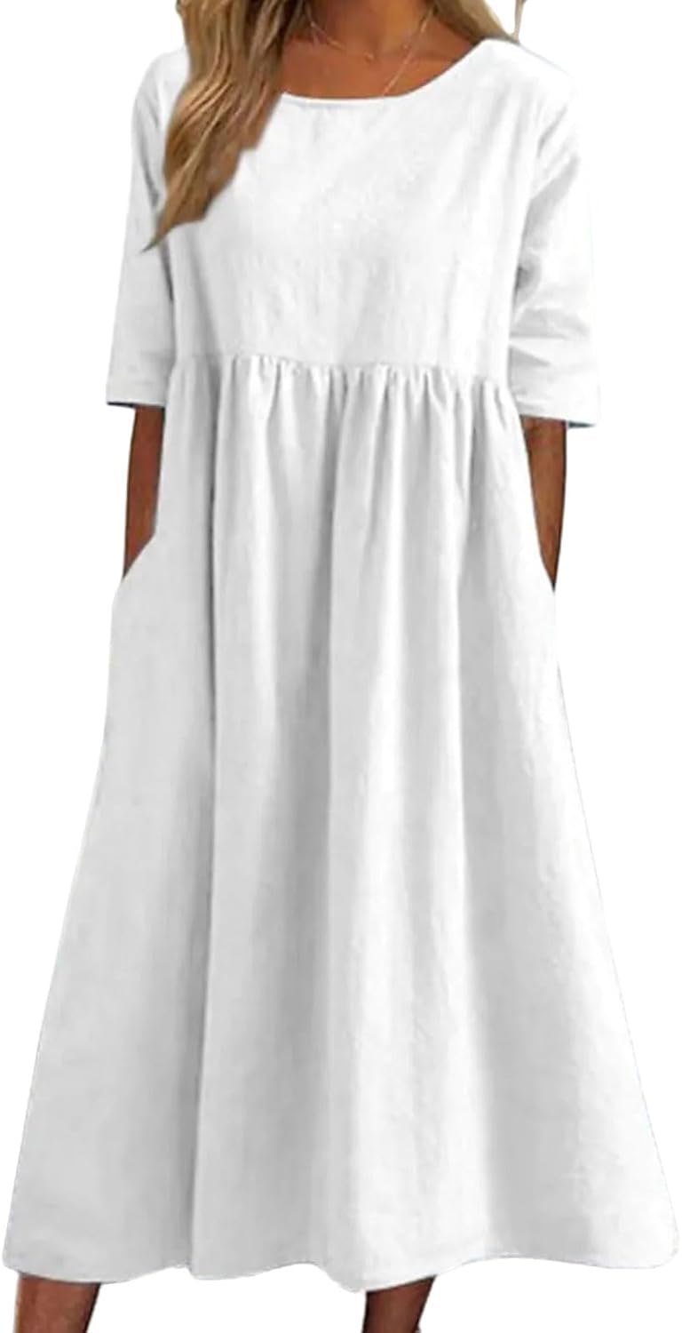 Womens Oversized Baggy Flowy Cotton Linen Maxi Dresses Summer Beach Short Sleeve Round Neck Pleated Dress Sundress