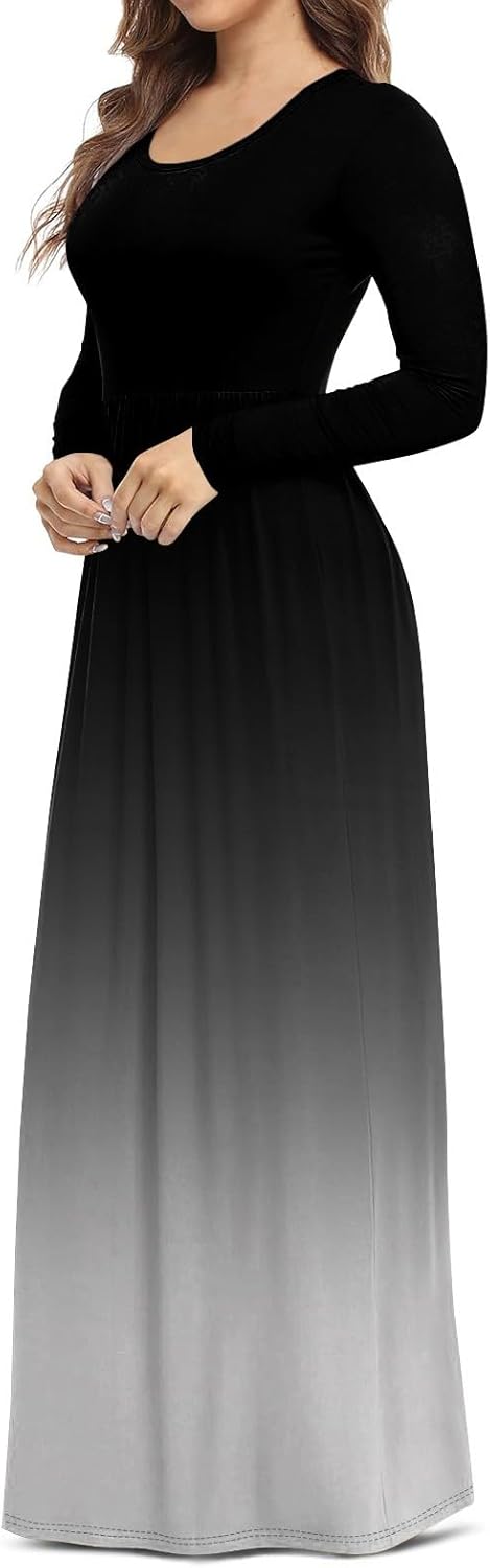 Long Sleeve Maxi Dress for Women Elegant Crew Neck Flowy Swing Dresses Solid Color Wedding Guest Dresses