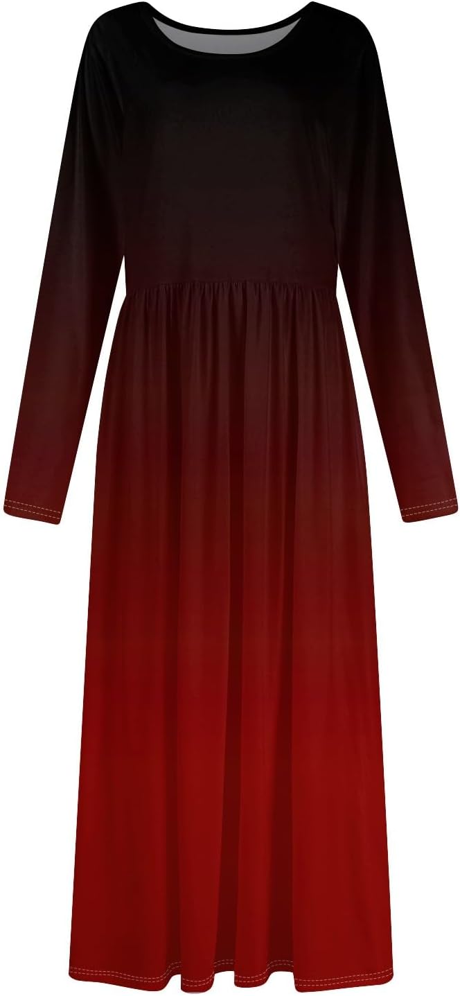 Long Sleeve Maxi Dress for Women Elegant Crew Neck Flowy Swing Dresses Solid Color Wedding Guest Dresses