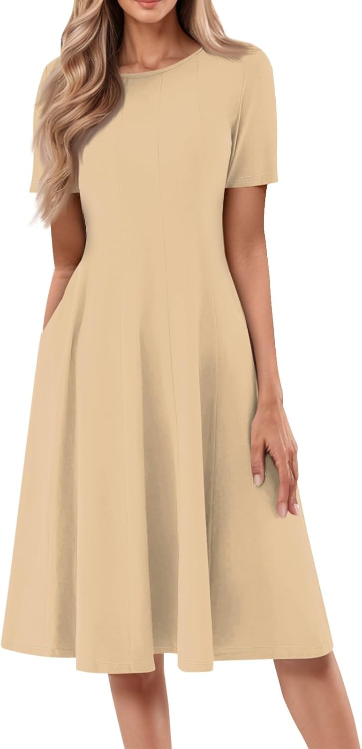 Summer Dresses for Women 2025 Crew Neck Short Sleeve Boho Beach Vacation Floral/Solid Midi Sundresses with Pockets