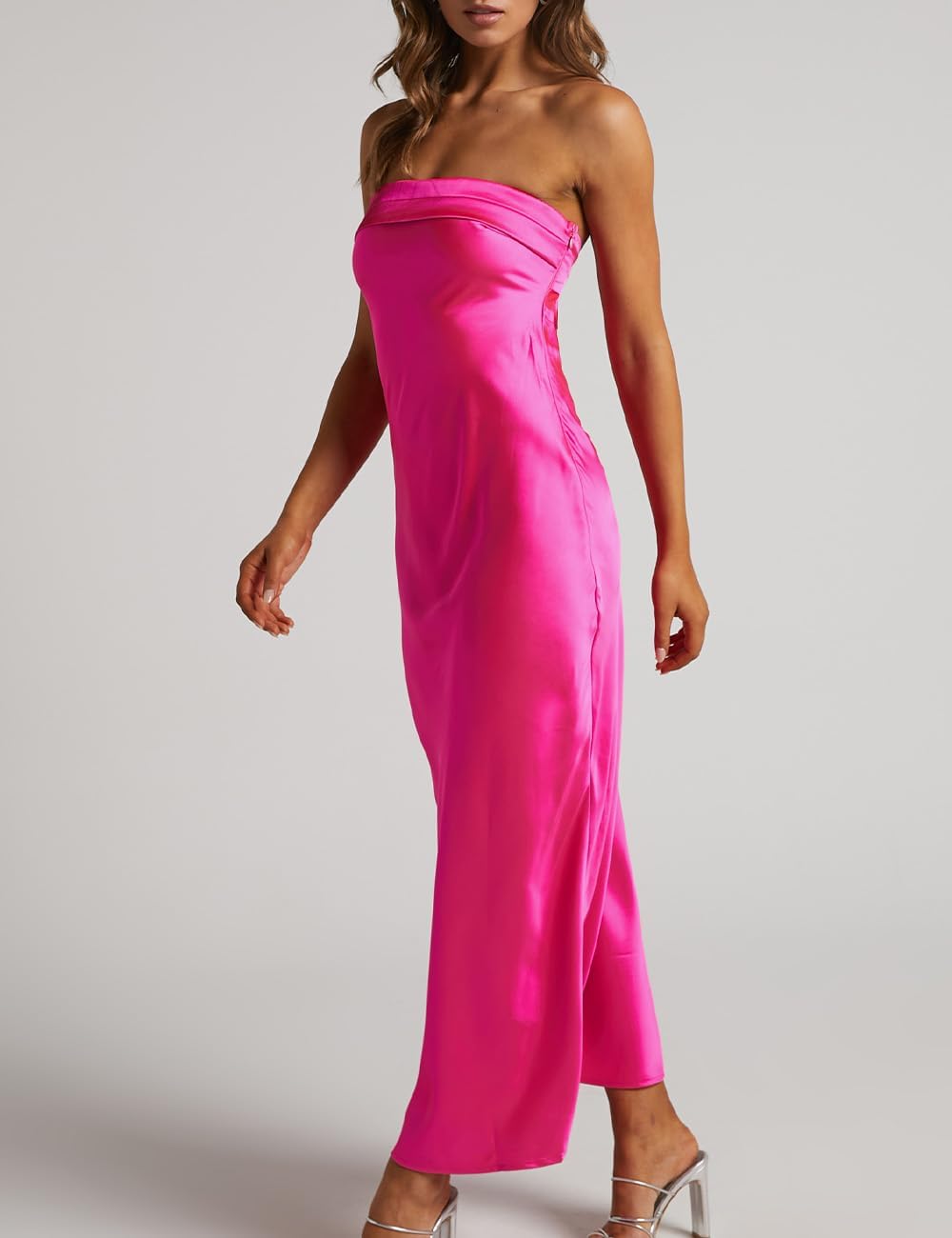 Realtix Satin Silk Backless Tube Tops Maxi Dress for Women Low Back Hollow Out Elegant Strapless Long Dresses Wedding Guest