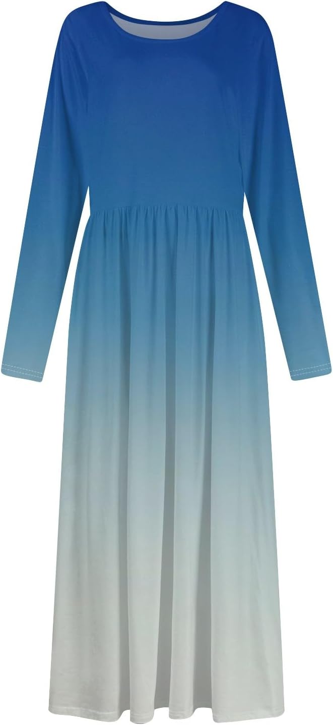 Long Sleeve Maxi Dress for Women Elegant Crew Neck Flowy Swing Dresses Solid Color Wedding Guest Dresses