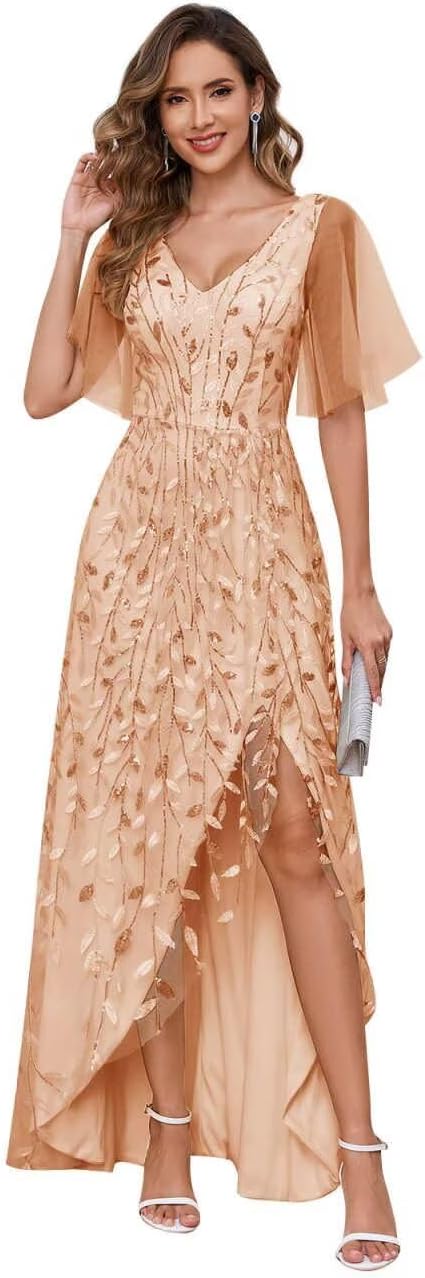 Women's Short Sleeve Mother of The Bride Dresses for Wedding Sparkly Sequin Long Formal Evening Dresses