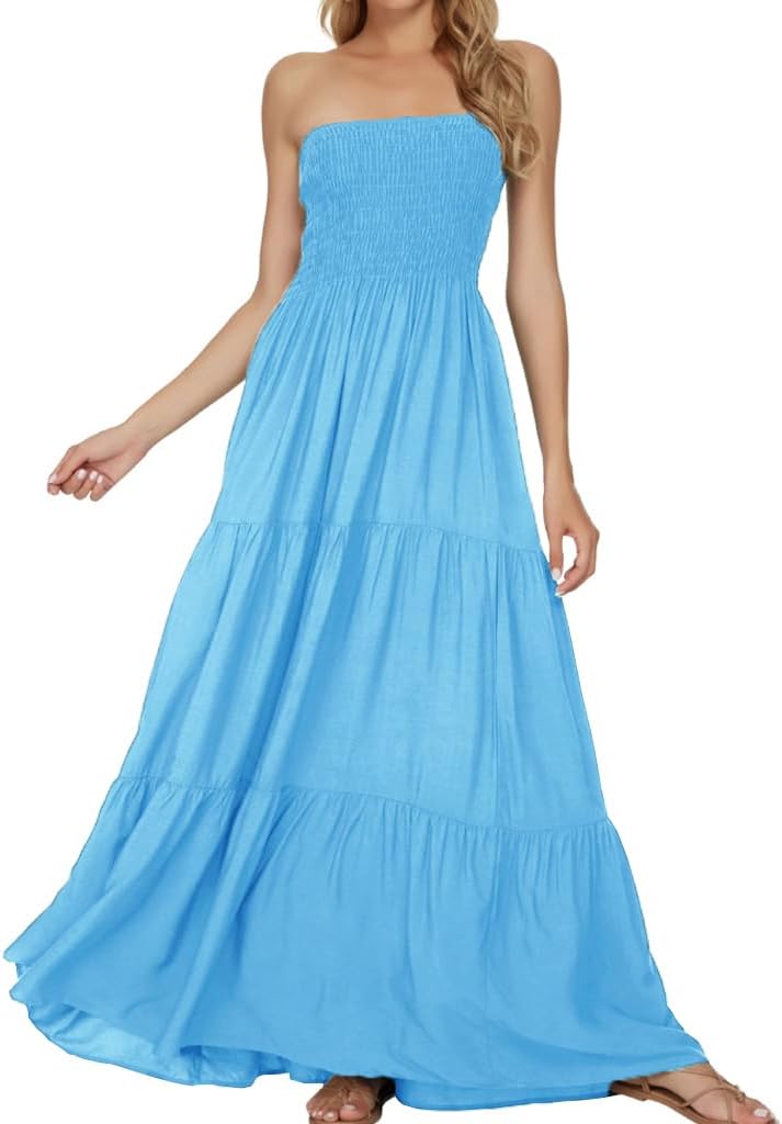 Women's Summer Strapless Tube Top Maxi Dresses Off Shoulder Boho Beach Long Dress