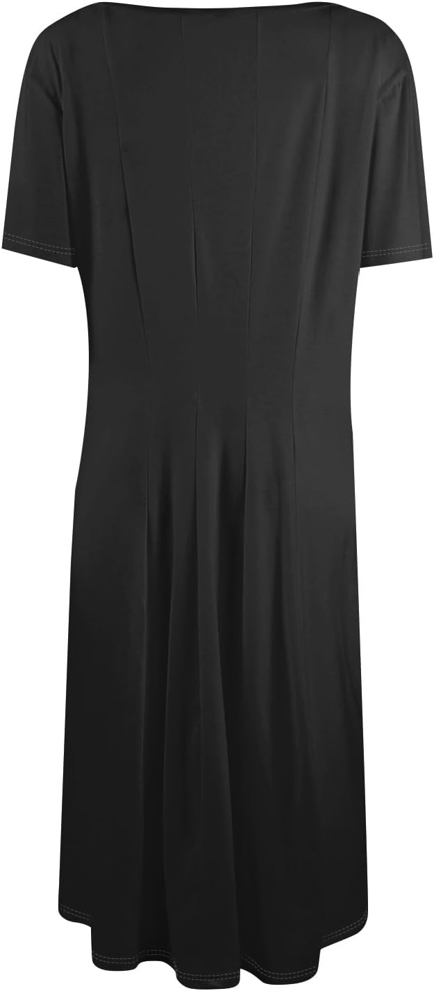 Summer Dresses for Women 2025 Crew Neck Short Sleeve Boho Beach Vacation Floral/Solid Midi Sundresses with Pockets
