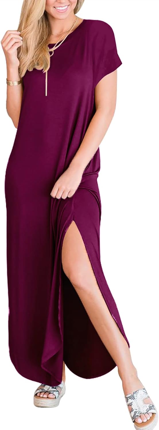 ANRABESS Women's Summer Casual Loose Short Sleeve Long T Shirt Dress Split Maxi Beach Sundress Travel Vacation Outfits