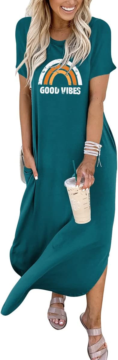ANRABESS Women's Summer Casual Loose Short Sleeve Long T Shirt Dress Split Maxi Beach Sundress Travel Vacation Outfits