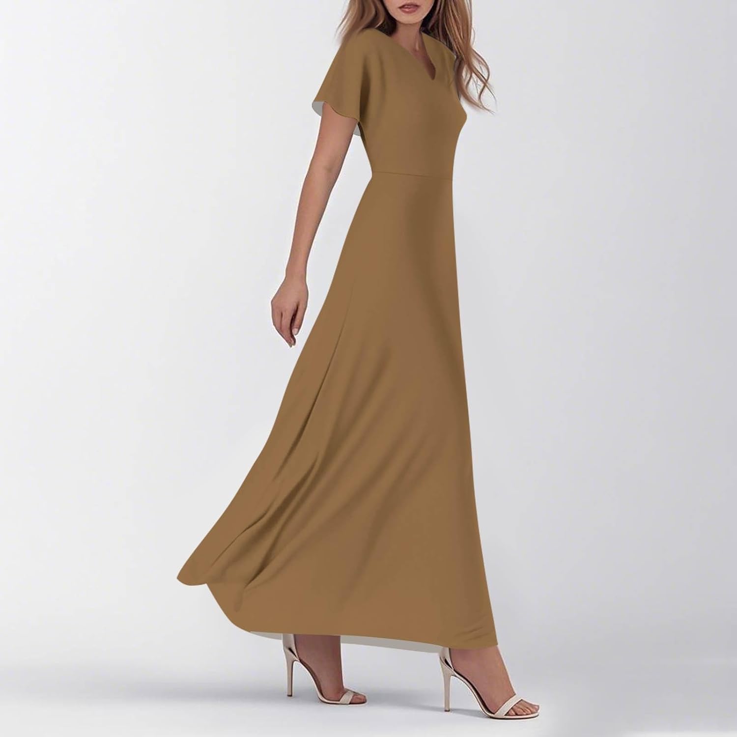 Womens Fashion V Neck Ruffle Short Sleeve Maxi Dress 2025 Summer Elegant Solid Color Flowy A Line Dresses