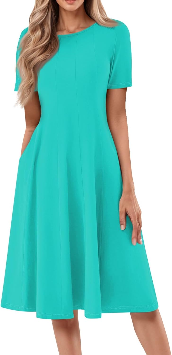 Summer Dresses for Women 2025 Crew Neck Short Sleeve Boho Beach Vacation Floral/Solid Midi Sundresses with Pockets