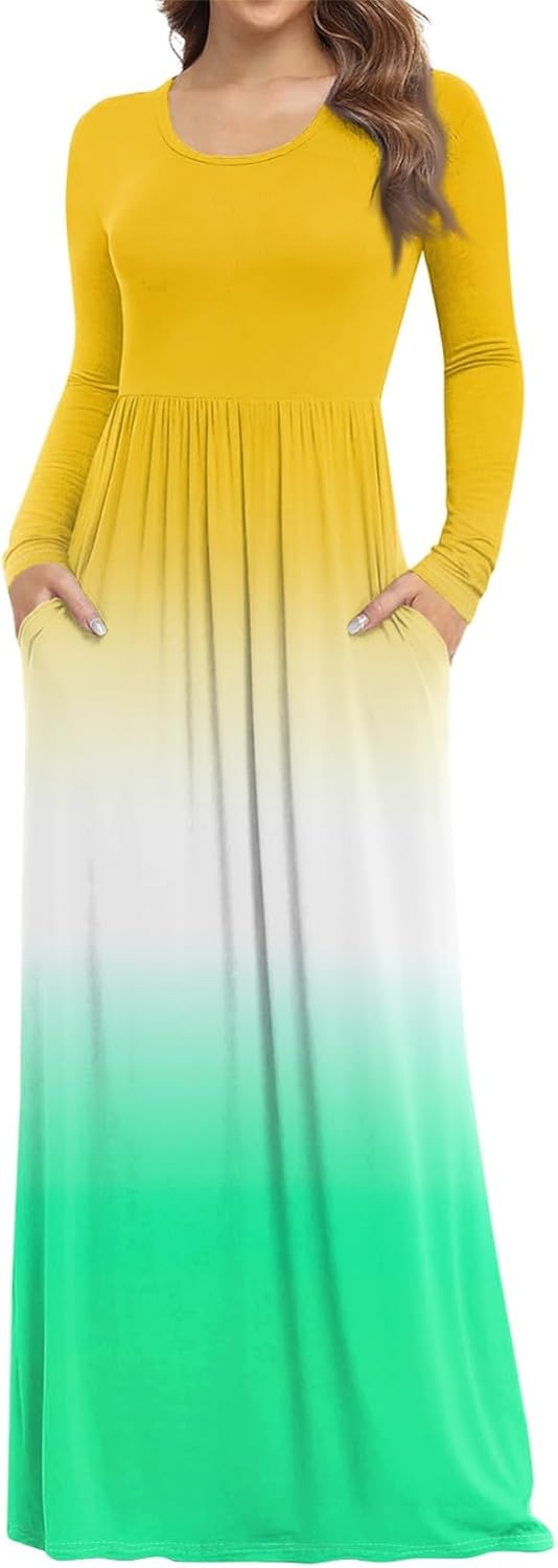 Long Sleeve Maxi Dress for Women Elegant Crew Neck Flowy Swing Dresses Solid Color Wedding Guest Dresses