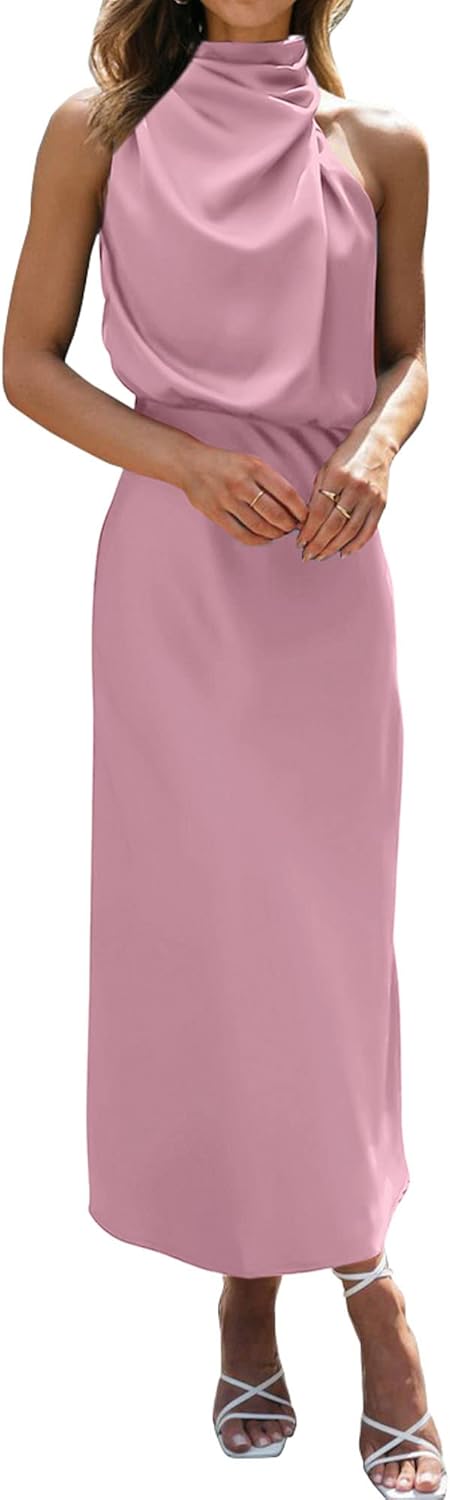 BTFBM Womens Sleeveless Cocktail Dresses Mock Neck Keyhole Elastic High Waist Evening Party Maxi Wedding Guest Dress