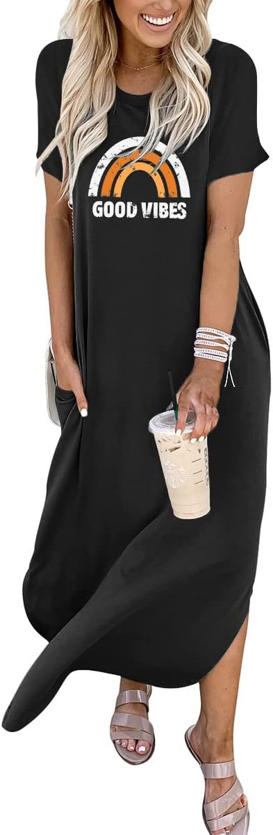 ANRABESS Women's Summer Casual Loose Short Sleeve Long T Shirt Dress Split Maxi Beach Sundress Travel Vacation Outfits